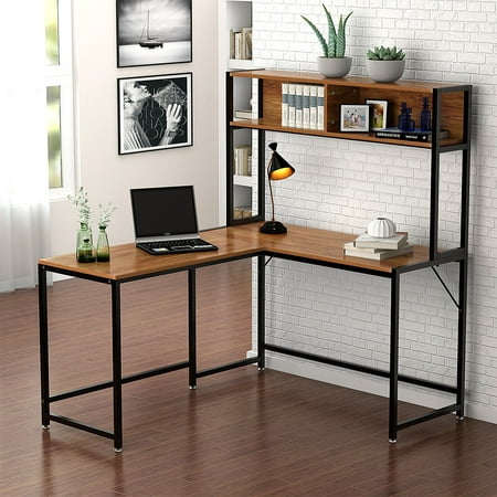 Tribesigns L Shaped Desk with Storage, Corner Desk with Hutch for Home Office (Walnut)