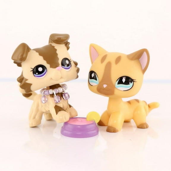 2lot Minilpsshop Little Pet Set,Collie #2210 Shorthair Cat #886 with Cute Necklace Lemon Bowl Accessories,Cartoon Animal Figure