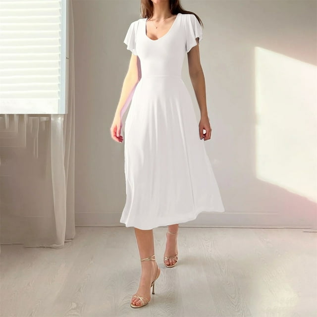 KOKOPARK Robe Maxi Bohème pour Femmes Décontractée Ligne A Portefeuille Manches Courtes à Volants Teinture Longue Blanche