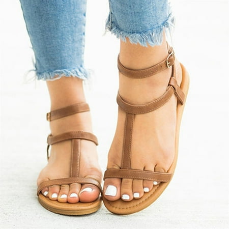 

〖Yilirongyumm〗 Brown 39 Sandals Women Shoes Women s Fashion Sandals Sandals Shoes For Women Buckle Flat-Heel Summer Strap Women s Sandals