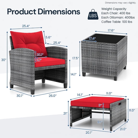 Resenkos Patio Furniture Sets,Outdoor & Patio Furniture Sets,5 Piece Patio Rattan Furniture with 2 Ottomans and Tempered Glass Coffee Table-Red