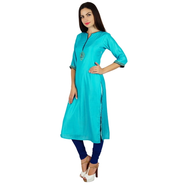 Bimba Tunique Chic Bleue pour Femmes, Kurta Kurti Indienne Droite avec Haut Blouse de Travail Perlé à la Main