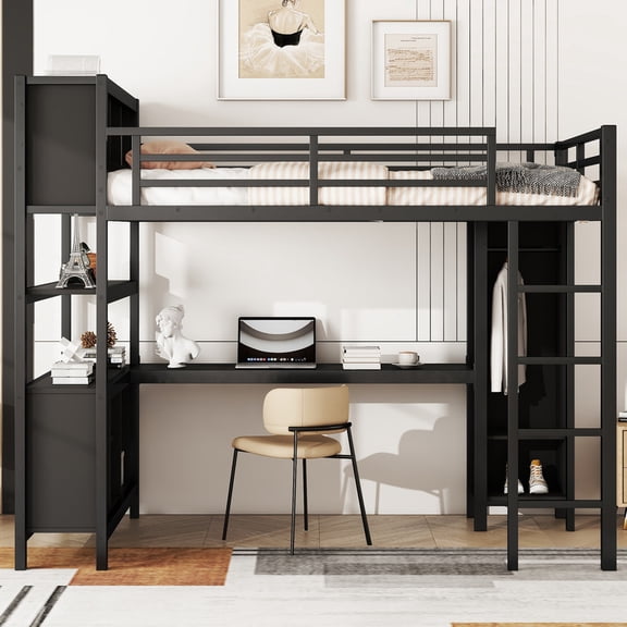 URTR Full Size Metal Loft Bed with L-shaped Desk and Stairs, Loft Bed Frame with Wardrobe, Storage Cubes and Shelves, Space Saving Loft Bed
