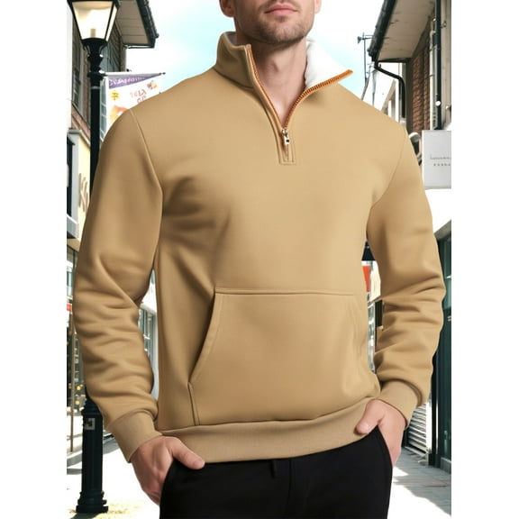 GuangCheng George Plush Sherpa Lined Sweatshirts for Men Half Zip Pullover Coll Kangaroo Pocket Warm Comfort Casual Tops,Khaki,L