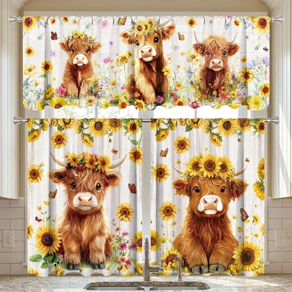 Highland Cow Kitchen Curtains and Valance Set Sunflower Home Decor
