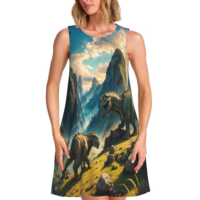 Balery Valley River Dinosaur Vestidos de verano para mujer con estampado: vestido holgado sin mangas, vestido playero informal y cómodo para días calurosos.