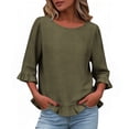 thumbnail image 2 of Linen Tunic for Women Crewneck Three Quarter Sleeve Casual Loose Fit Ruffle Hem And Cuffs Textured Fabric Soft Lightweight Leisure Comfort Everyday Wearing, 2 of 5