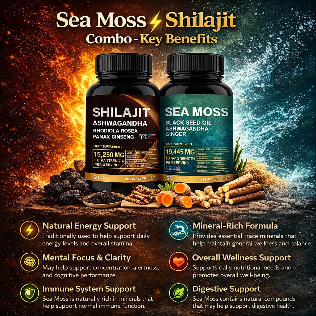 DEZEN Shilajit 15250mg & Sea Moss 19445mg - 60 Count Each with Black Seed Oil, Ashwagandha, Ginger, Rhodiola Rosea