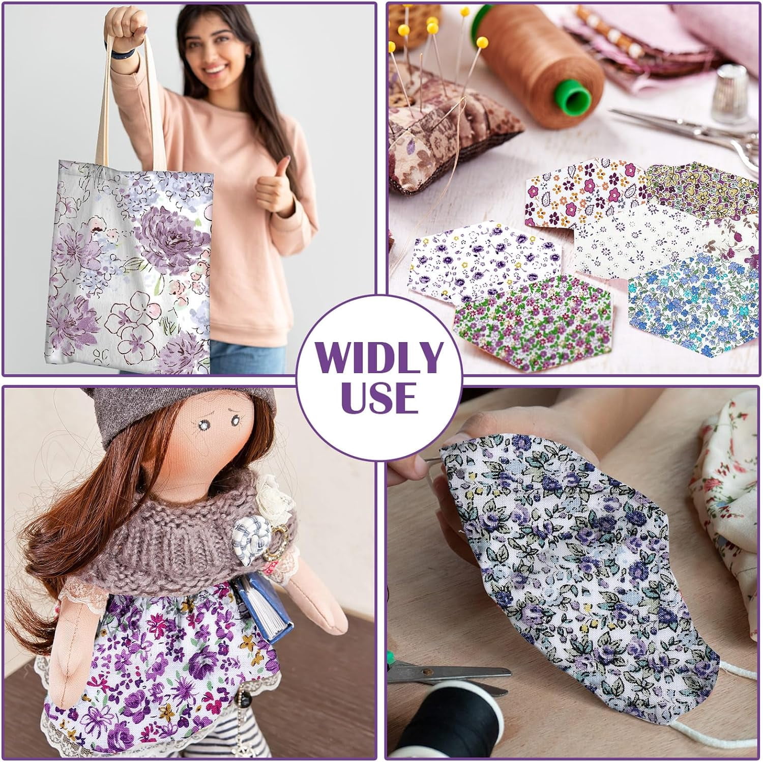 600 Pcs 4 x 4 Inch Cotton Fabric Square Precut Quilting Squares Printed Floral Patchwork Fabric Bundles for Spring DIY Craft Sewing Clothing Accessory(Purple)