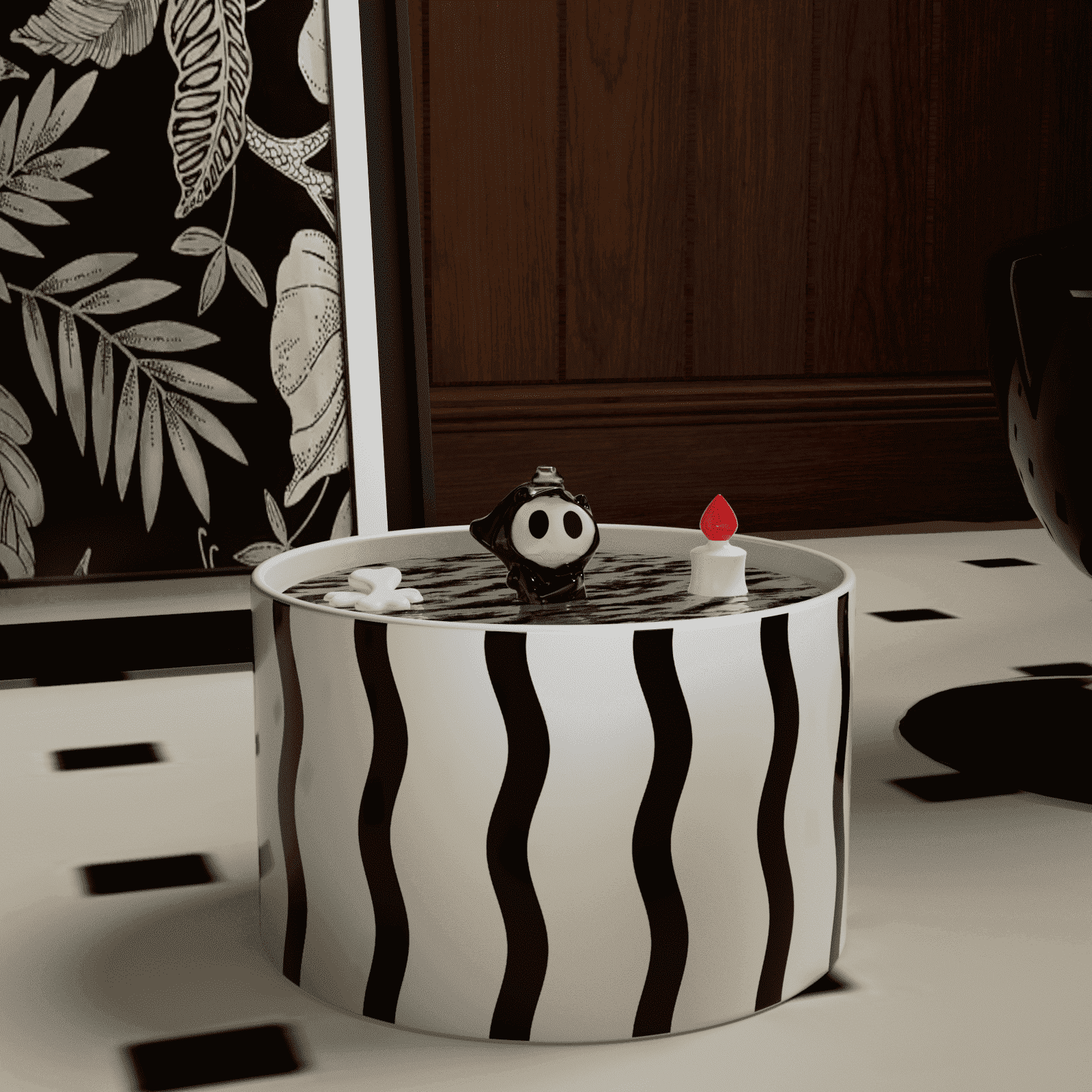 Happy & Polly Ghost Ceramic Cat & Dog Water Fountain, 50 oz, Striped Black