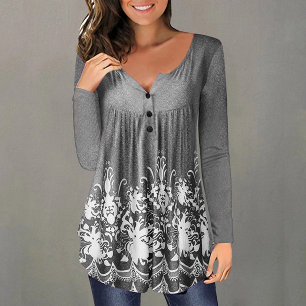 ICHUANYI Clearance Women Casual T-shirt Printed Long Sleeve Round Neck Ruched Pullover Blouse Tops(Gray, L) ICHUANYI WER2023081405637