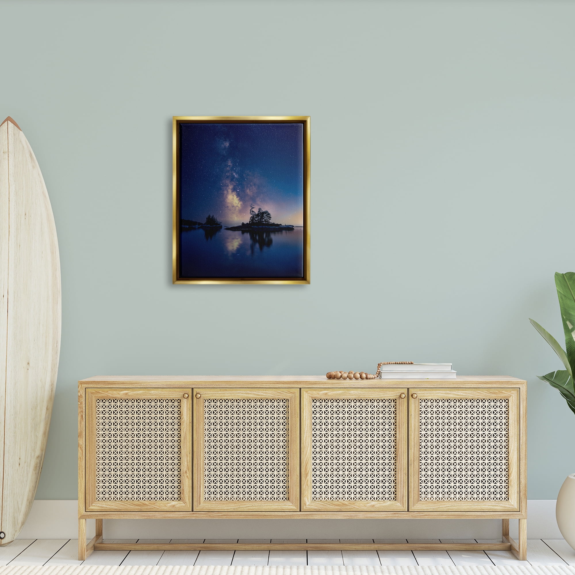 Stupell Night Stars Coastal Island Trees Landscape Photography Gold Floater Framed Art Print Wall Art