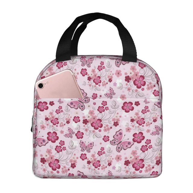 Fotbe Flower Butterfly Bolsa Térmica con Estampado y Forro de Aluminio Grueso Bolsa de Almuerzo con Bolsillo Frontal para Hombres y Mujeres, Ideal para Trabajo, Escuela