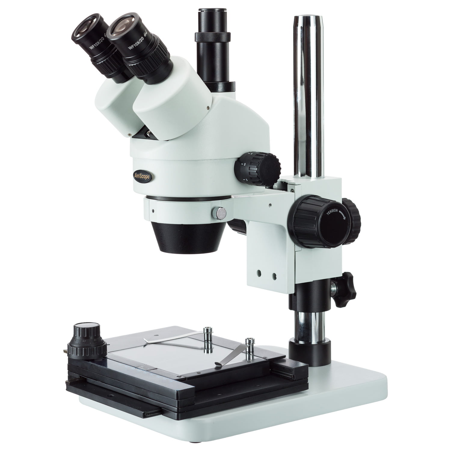 AmScope SM-1TSX-V203 3.5X-45X Zoom Trinocular Stereo Microscope with Table Pillar Stand 