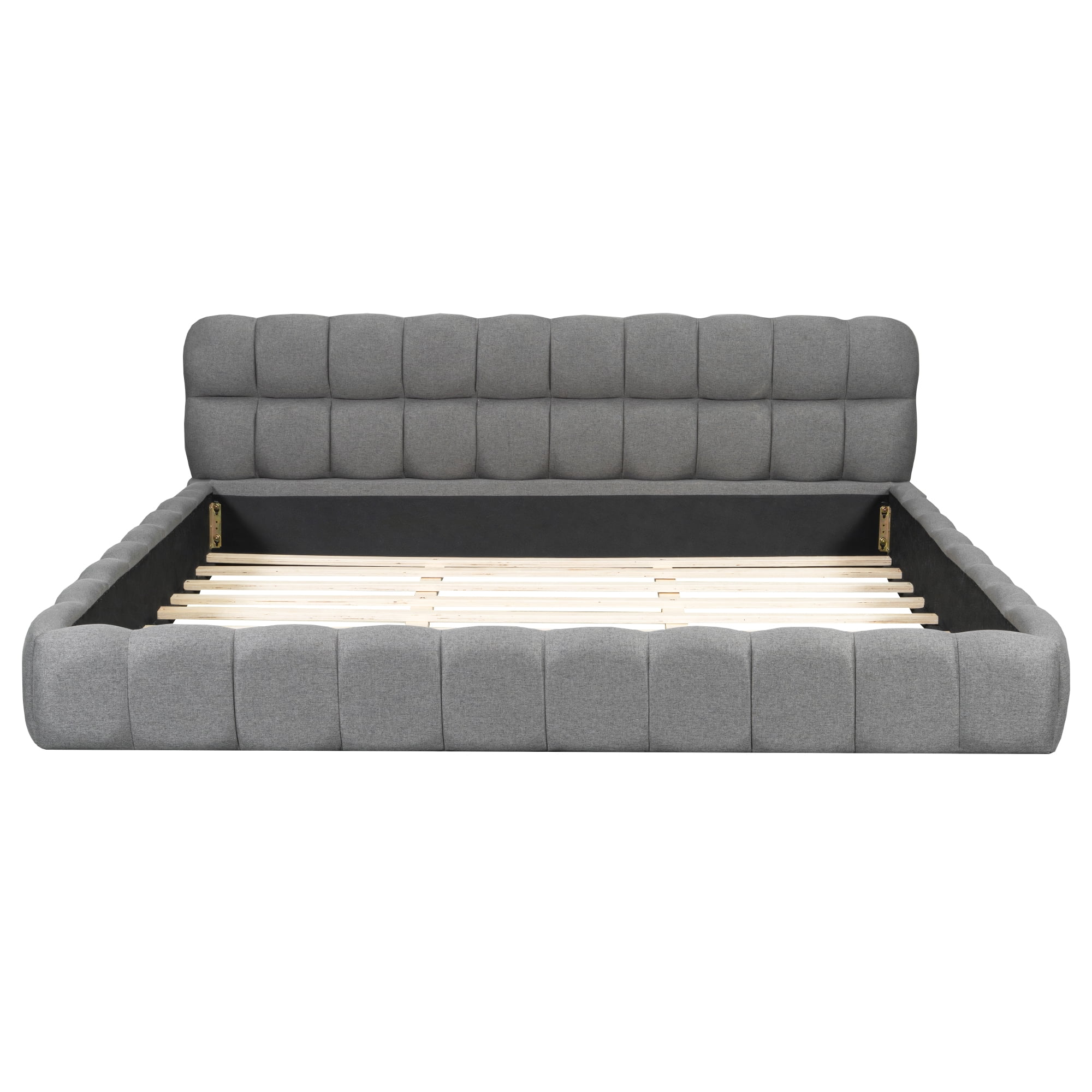 Aukfa King Size Upholstered Platform Bed, Modern Grounded Bed Frame with Thick Linen Fabric Headboard & Footboard, Gray