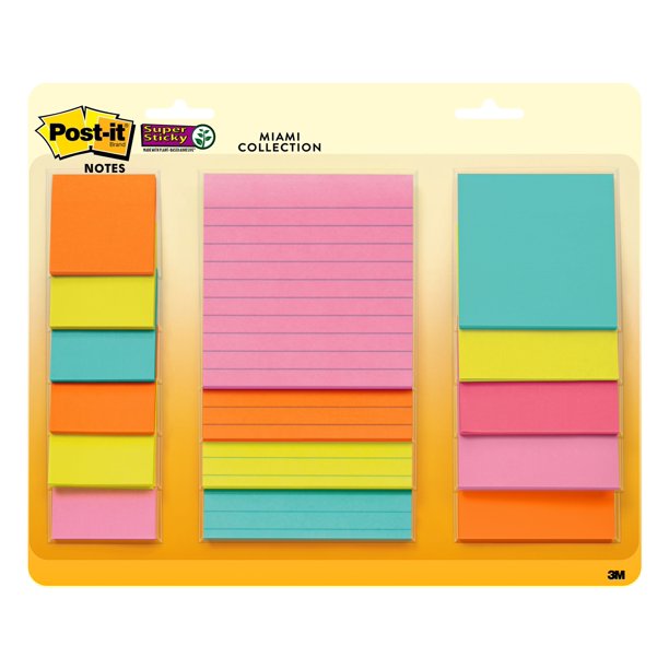 PostIt Super Sticky Notes, Assorted Sizes, Miami Collection, 15 Pads