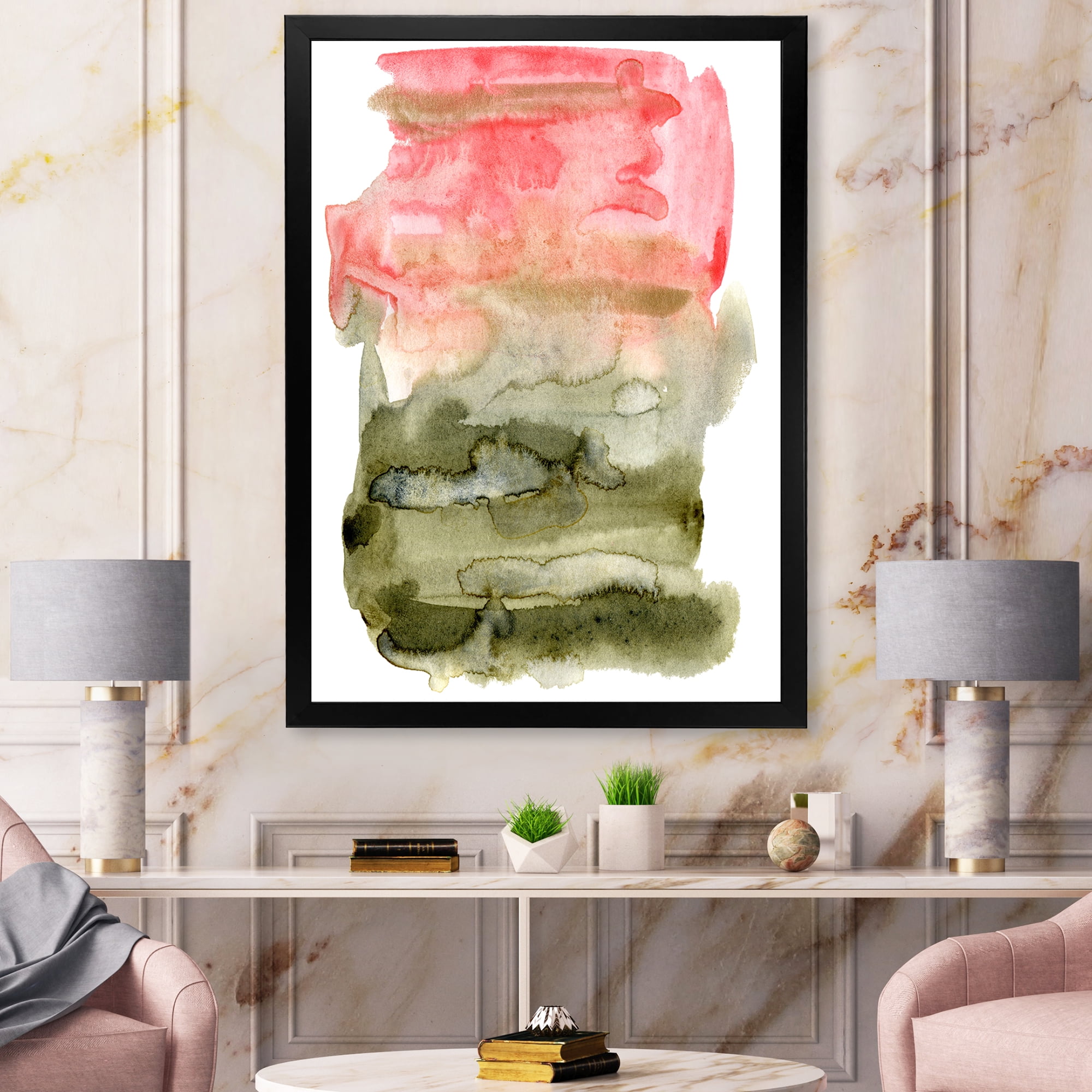 Designart 'Red Pink and Green Abstract Clouds' Modern Framed Art Print