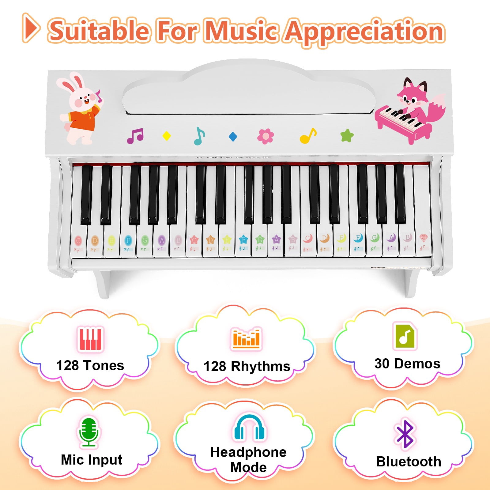 Mustar 37 Keys Kids Wooden Electronic Digital Piano Keyboard Music Education with Stool, Songbook, DIY Stickers (White)