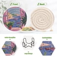 thumbnail image 4 of Yayeee 6 PCS Drink Coasters with Holder Set Woven Absorbent Round Tabletop Hot Pad, Purple Window Scene, 4 of 7
