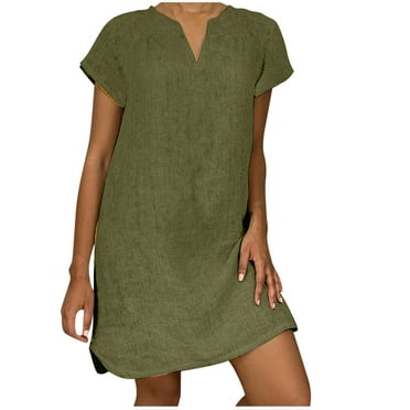 CHGBMOK Womens Plus Size Dresses Loose V-Neck Summer Solid Short Sleeve Cotton And Linen Dress
