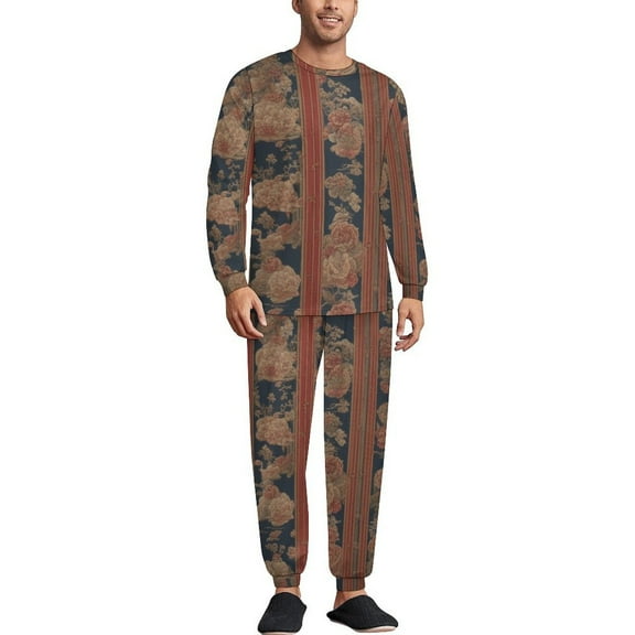 China Old-School Pattern Men's Pajama Set Sleepwear Pjs Lightweight Long Sleeve Crewneck Shirts and Bottoms Soft Comfy Sleep Sets XS