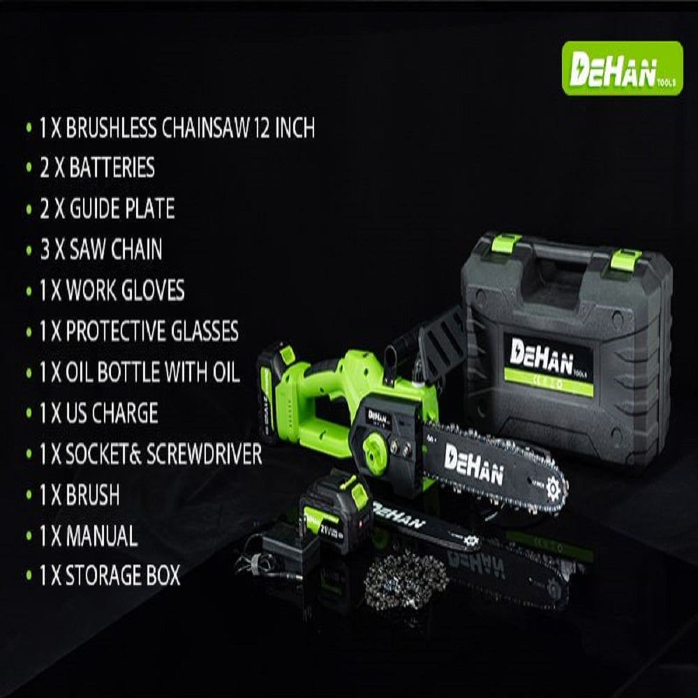 DEHANTOOLS 12 inch Cordless Chainsaw Brushless Chain saw 1000W Motor with 2 × 4.0Ah Batteries & 2 Guide Bars, 3 Chains, Lightweight Electric Handheld Saw for Tree Trimming, Wood Cutting, Pruning