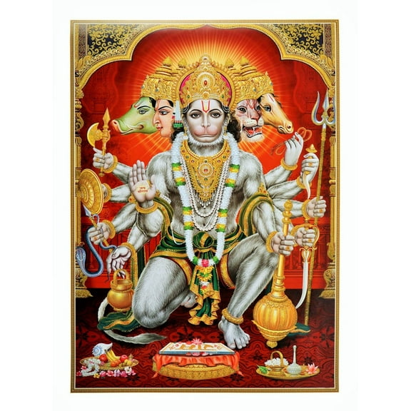 Bm Traders Panchmukhi Hanuman Golden Zari Art Work Poster Without Frame (24 X 36 Inches)