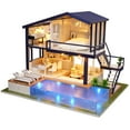 thumbnail image 2 of Casa de muñecas en miniatura de madera con piscina para armar, kit de modelo de casa de muñecas, juguete de regalo, 2 of 15