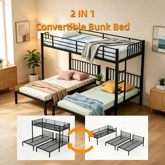 Triple Bunk Bed, Twin Over Twin Metal Bunk Bed Frame with Safety Guardrails and Ladder, Heavy Duty 3-Bed Converts to Separate Beds, Space-Saving Family Ready Solution for Bedroom, Black