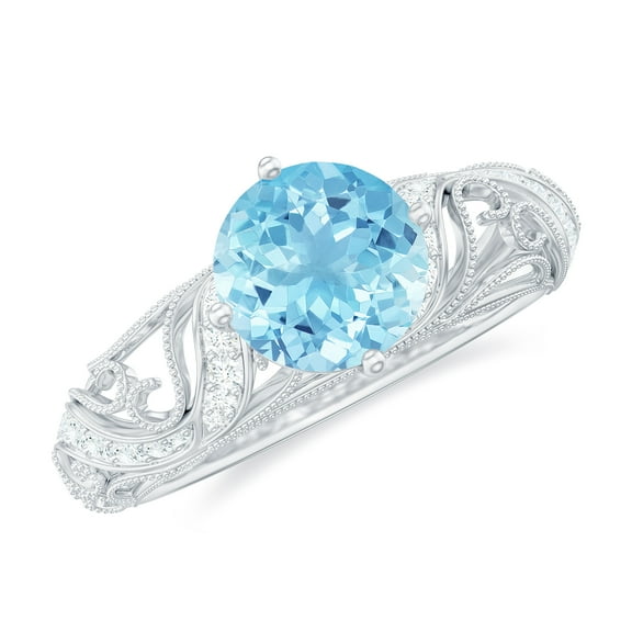 Rosec Jewels Aquamarine Diamond Engagement Ring for Women - Vintage Style Ring - 6 mm - AAA Quality Certified - With Jewelry Box, 925 Sterling Silver, US 4.00