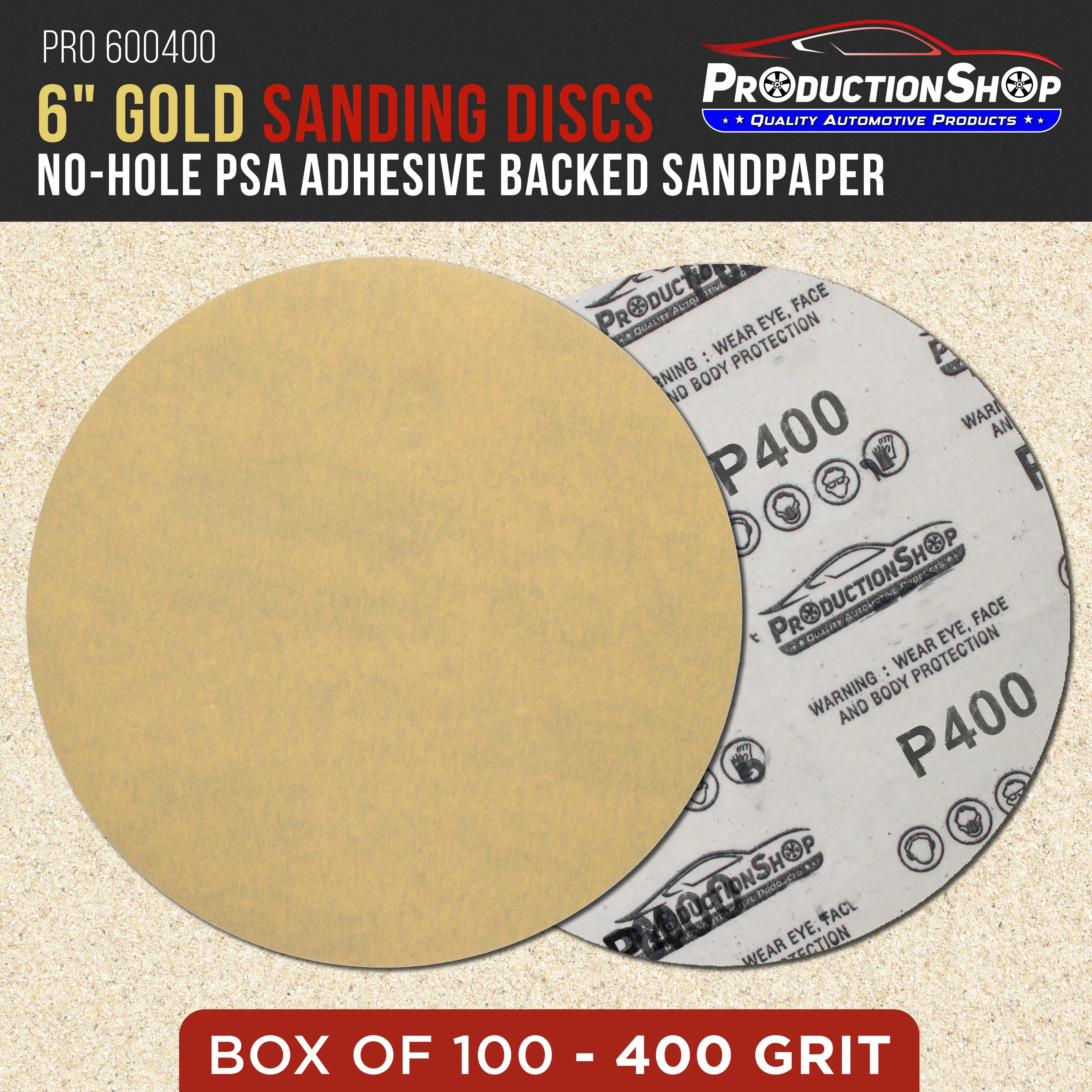 ProductionShop Premium 400 Grit 6" PSA Gold Sanding Discs, Box of 100 - Self Adhesive Stickyback Abrasive Sandpaper for DA & Random Orbital Sanders - Sand Auto Paint Metal, Wood Woodworking Furniture