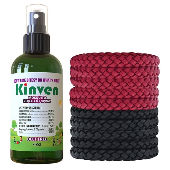 Kinven Bracelets and Spray Pack for Mosquito - 4oz Bottle 10 Bracelets, Red/Black, Great Looking and Natural, Insect Wristband & Spray, Waterproof, Indoor Outdoor Protection for Adults & Kids
