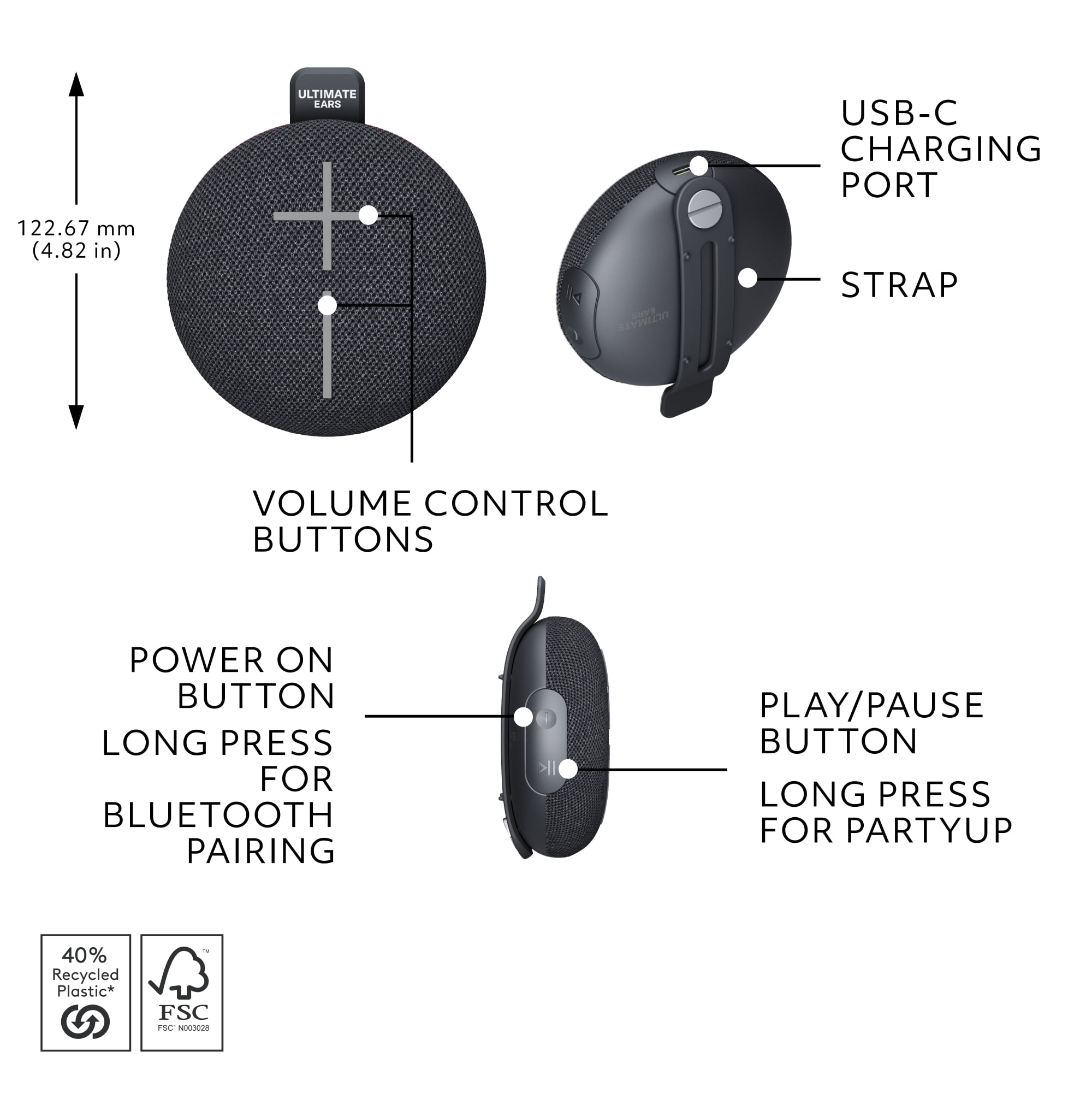 ULTIMATE EARS MINIROLL Ultra-Portable Waterproof Bluetooth Speaker, Big Bass, IP67 Dustproof, 131 ft (40 m) Range - Gentle Black