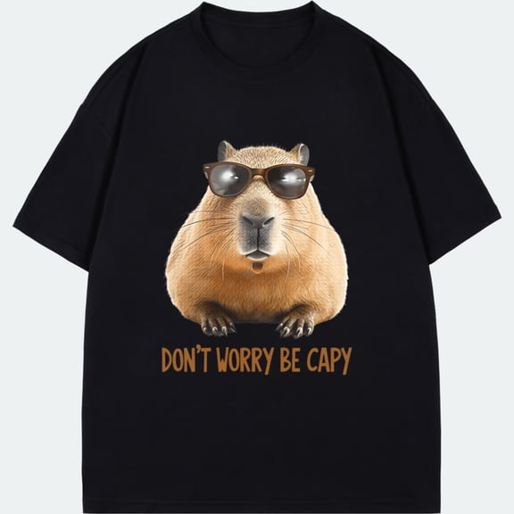 Cotton T Shirt Black Capybara With Sunglasses And Don T Worry Be Capy Text Casual Wear For Men And Women
