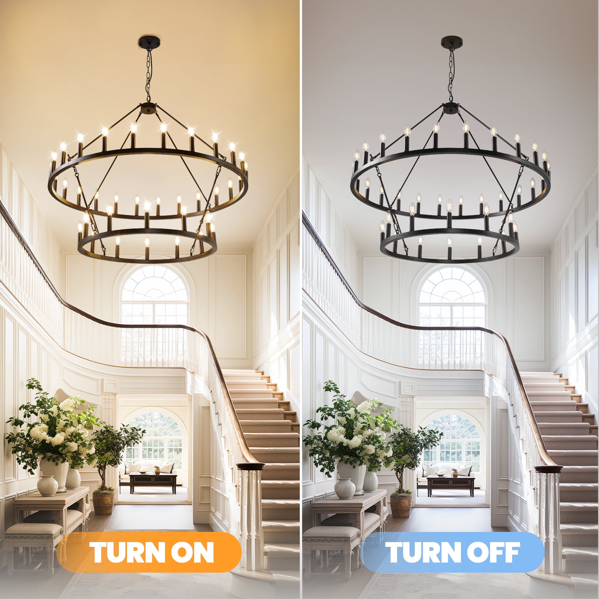 bokifol Black Chandelier Wagon Wheel,48" 2 Tier 36-Light,Extra Large Round Rustic Farmhouse Light Fixture,Foyer Chandeliers for High Ceilings,for Living Room,Dining Room,Kitchen Island,Entryway