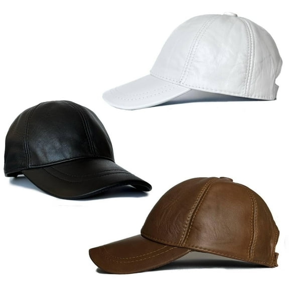 3 Pack Leather Caps Genuine Lambskin Leather Hat Sports Visor Adjustable Strap (Leather, 3 Pack Black White Whiskey)
