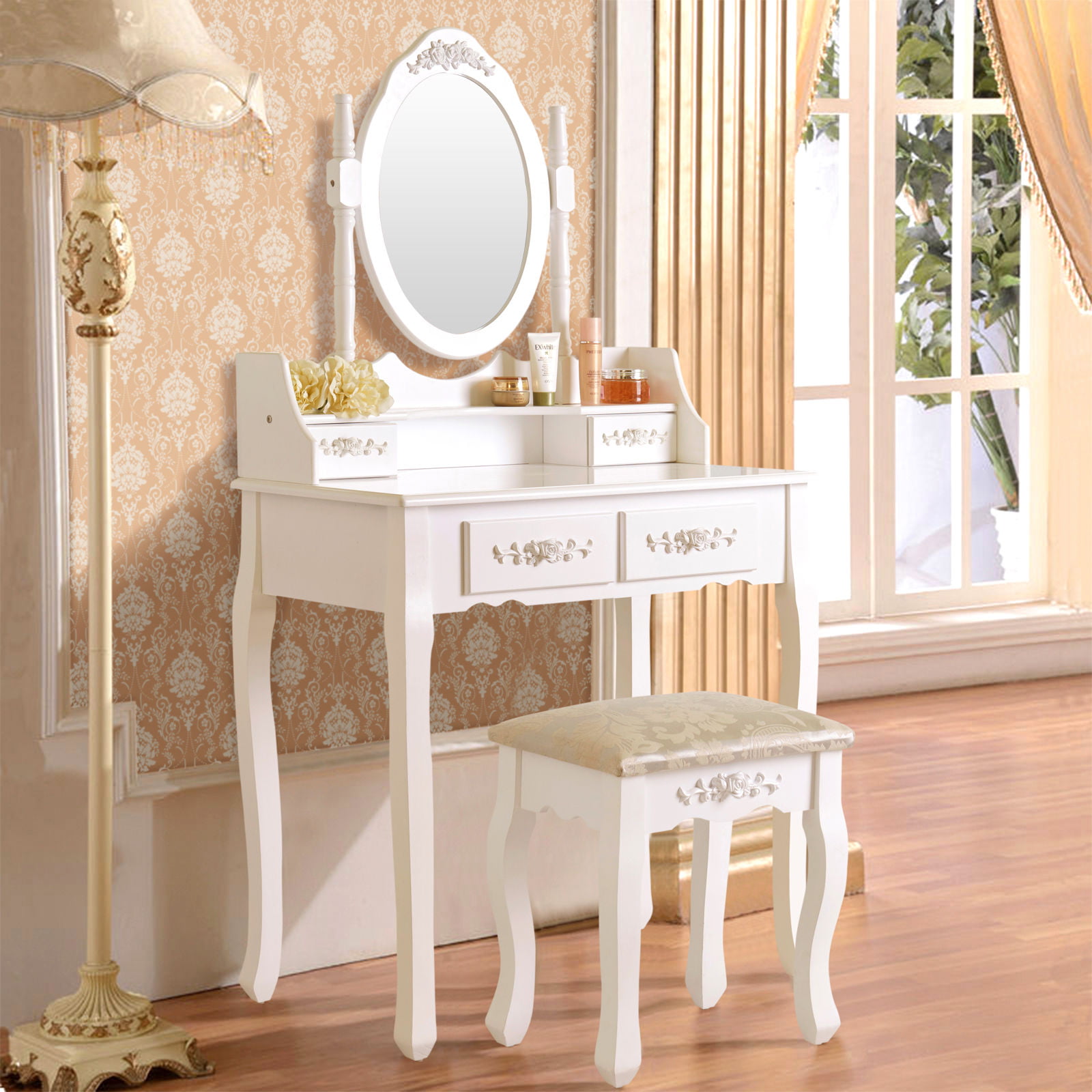 White mecor Dressing Tables with Stool Vanity Table Set wirh 3 Mirrors Makeup Dressing Table for Bedroom Drssing Tables Set with 4 Drawers