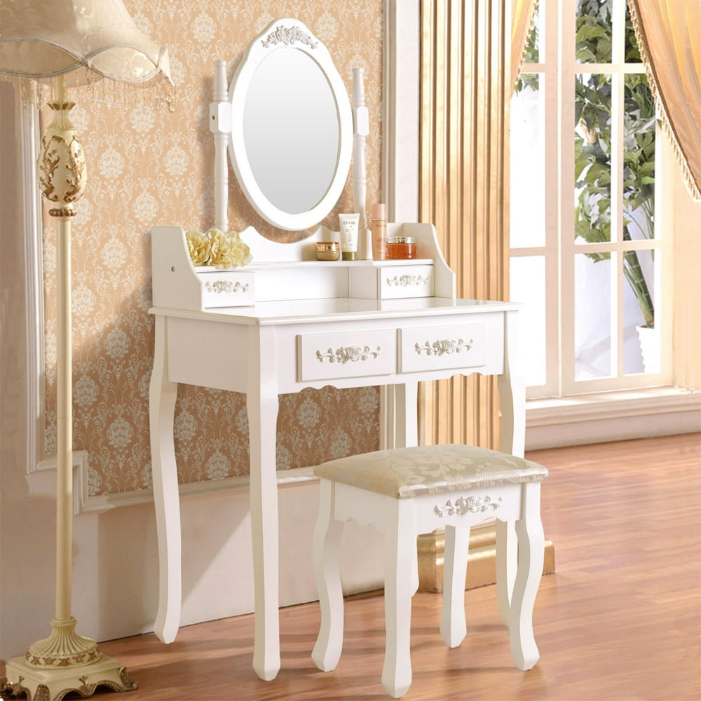 Mecor White Wood Makeup Vanity Table and Stool Set Makeup Desk Dressing table W/4 Drawers&Mirror