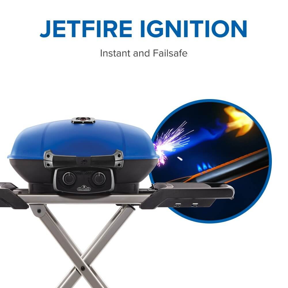 Napoleon TravelQ 285X 1-Burner Portable Propane Gas Grill in Blue with Scissor Cart