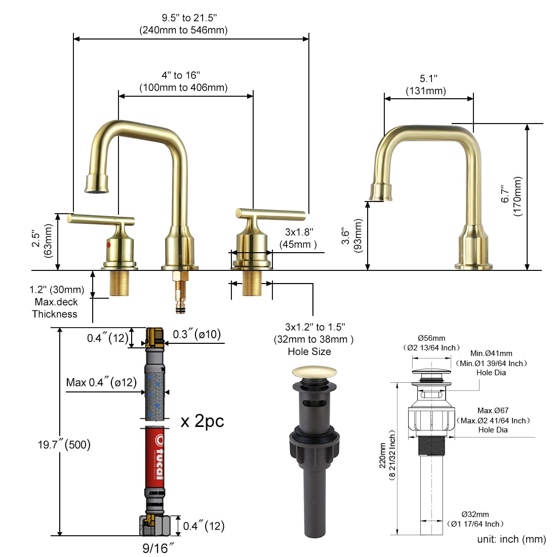 WOWOW Brushed Gold Bathroom Faucet Widespread 2 Handle Bathroom Sink Faucet