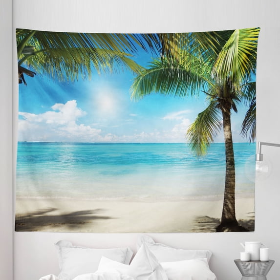 Tropical Tapestry, Coconut Palm Trees Shadows on Caribbean Shore Summer Plants Idyllic, Fabric Wall Hanging Decor for Bedroom Living Room Dorm, 5 Sizes, Aqua Coconut Green, by Ambesonne