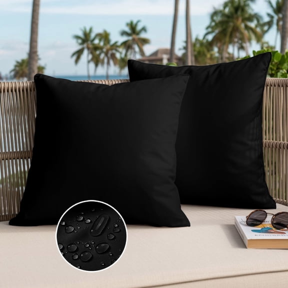 Black Outdoor Waterproof Throw Pillow Covers Set of 2, 20"x20", Solid Color Decorative Pillow Covers Outside Cushion Case for Patio Porch Garden