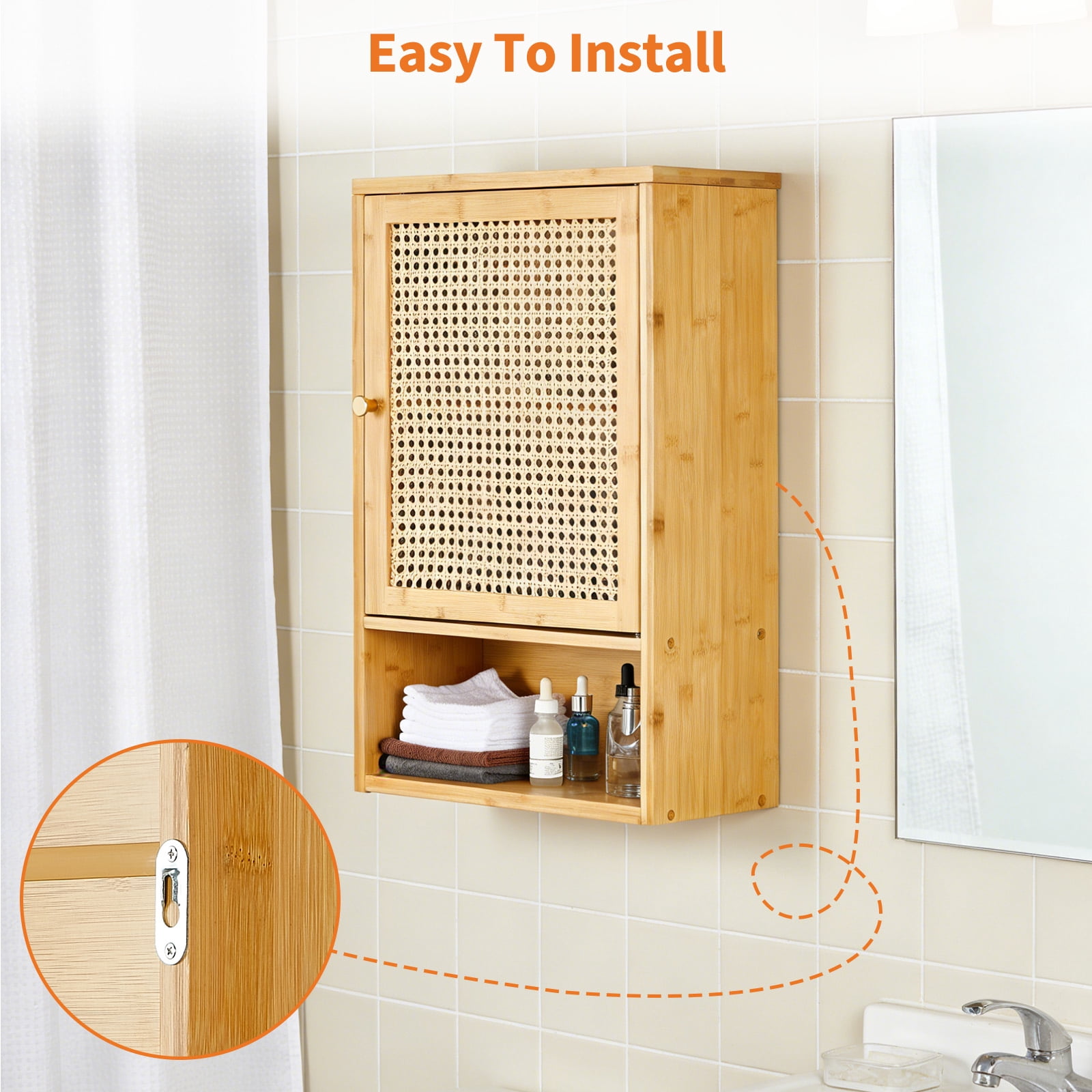 Garvee Bathroom Wall Cabinet, Bamboo Over-The-Toilet Storage Organizer with Rattan Doors and Adjustable Shelf, Space Saver Medicine Cabinet for Laundry, Kitchen, Living Room and Home Office Wood