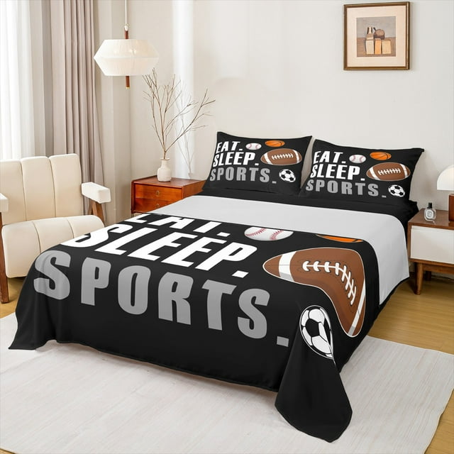 Erosebridal Eat Sleep Sports Queen Sheet Sets, Cartoon Rugby Bed Sheets Set Queen Size, Modern Ball Sport Bedding Queen Size, Lightweight Room Decor, 4pcs