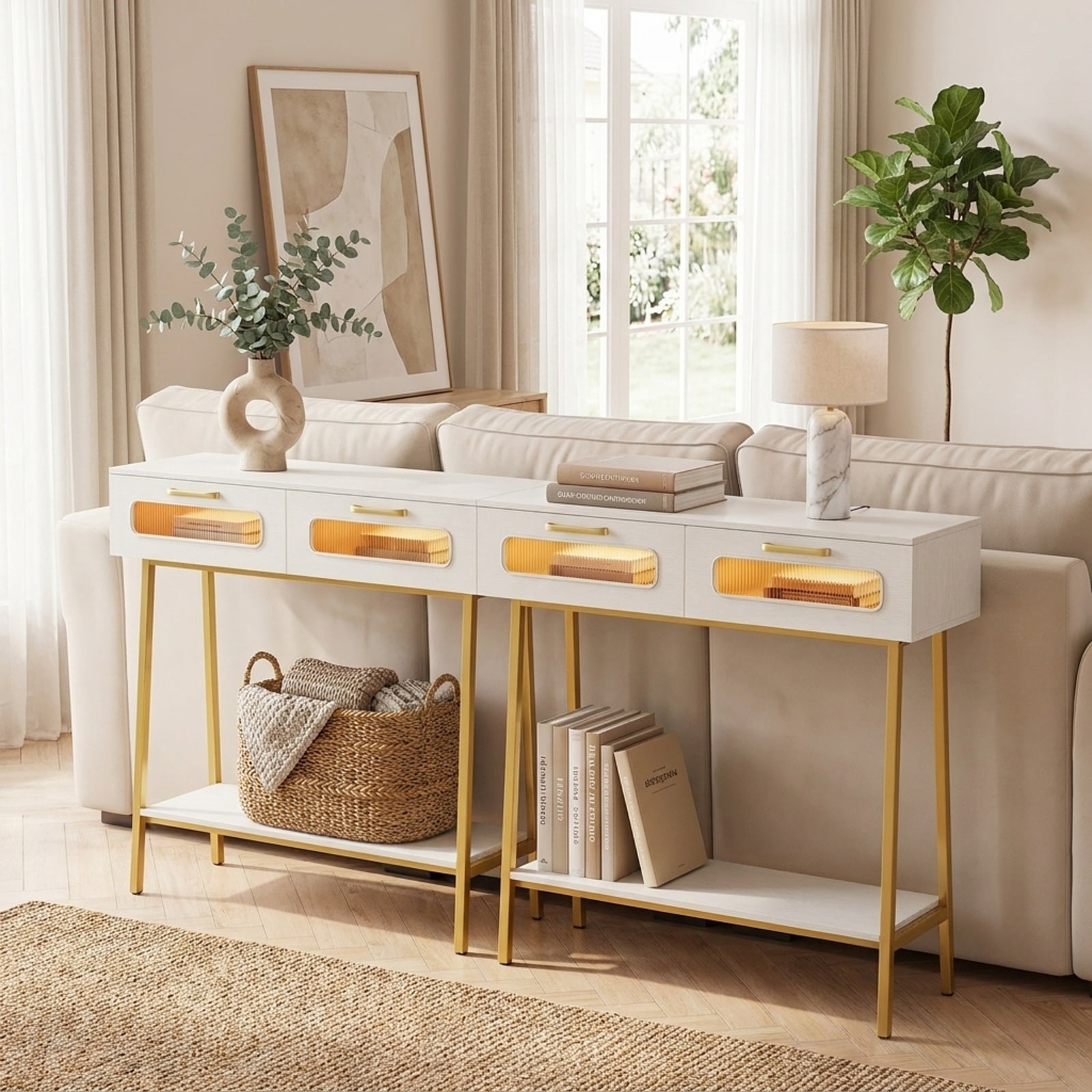 Furnibear Console Table with LED Lights and Open Shelf Entryway Table with 2 Drawers for Living Room Hallway Entrance Sofa, White