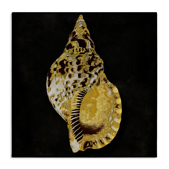 Stupell Industries Gold Conch on Black Nautical & Beach Painting Wrapped Canvas Art Print Wall Art, 17 x 17