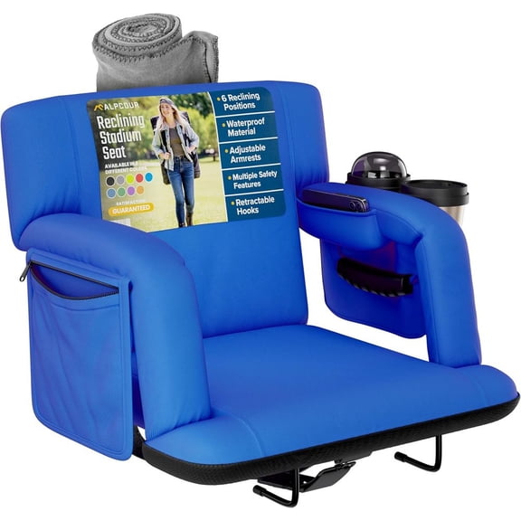 Premium Reclining Stadium Seat for Bleachers with Back Support Waterproof Portable Chair with 6 Adjustable Positions & Storage Pockets
