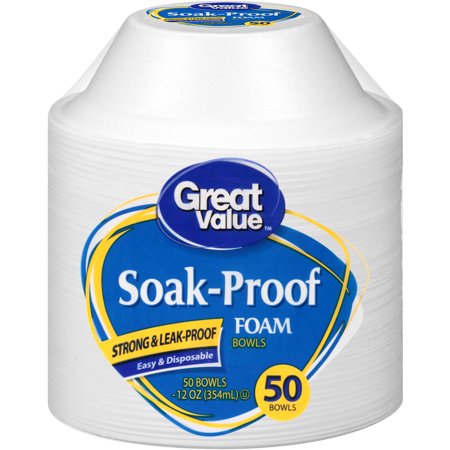 Great Value Soak-Proof Foam Bowls, 12 Oz, 50 Count