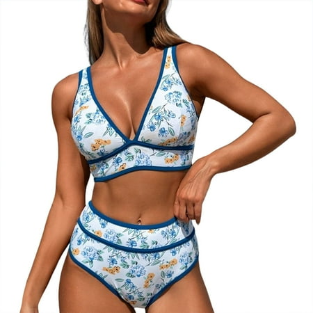LTTVQM Two Piece Bikini Bathing Suits Two Piece Tummy Control Bathing Suits Printed Bikini Top with Sporty Boy Shorts Light Blue S