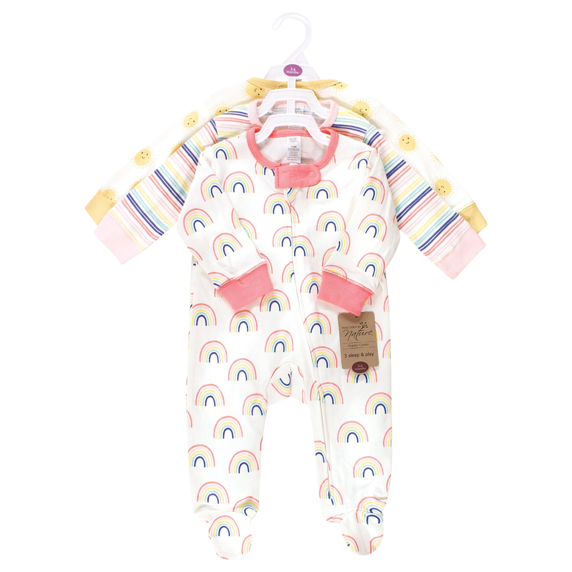 Touched by Nature Baby Girls Organic Cotton Sleep and Play, Rainbows And Sunshine, 0-3 Months